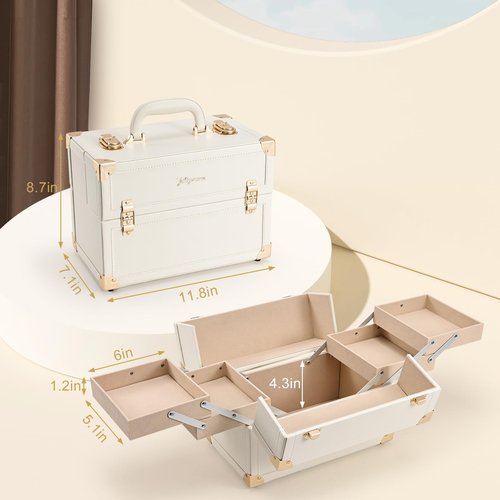 Joligrace Makeup Train Case Large Portable Cosmetic Makeup Storage Box Organizer Lockable with 4 Tray Compartments Retro Champagne Beige Vegan Leather
