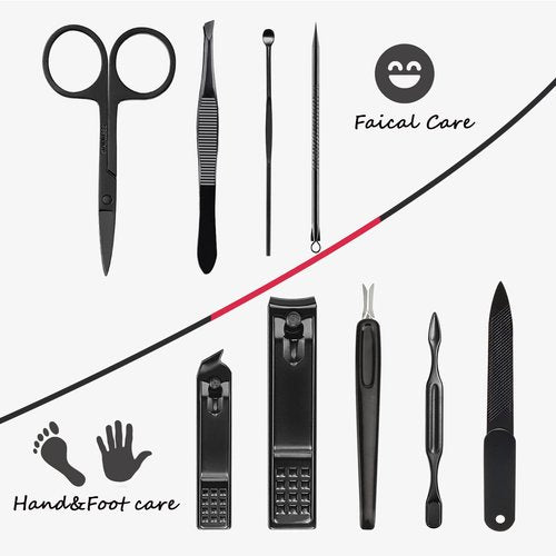 HANTEKAS Manicure Set 9 in 1 Stainless Steel, Nail Clippers Scissors Pedicure Tools Kit - Portable Travel Grooming Kit for Men and Women with Leather Case (Red-BIG Nail Clipper)