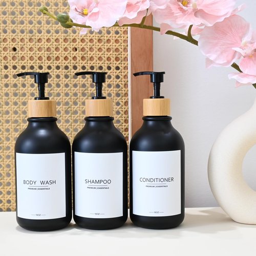 GlrYer Shampoo and Conditioner Frosted Bottles Bamboo Pump, Refillable Shampoo Empty Bottles for Lotion Oil Shower Soap Dispenser (6p-Black)