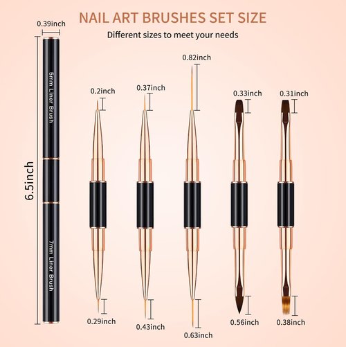 Qzqetet Nail Art Brushes Set - Professional 5pcs Double-Ended Acrylic Nail Art Brushes Liner Detail Thin Brushes For Drawing Design Brushes Gel Builder Brushes 3D Nail Art Tools (black)