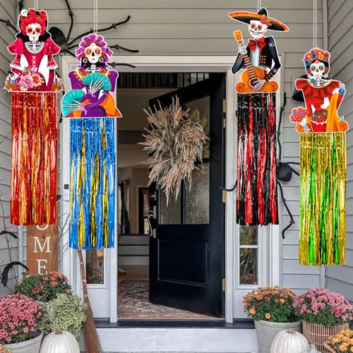 Day of the Dead Hanging Decorations - 6 Pieces, Colorful Skull & Tassel Set
