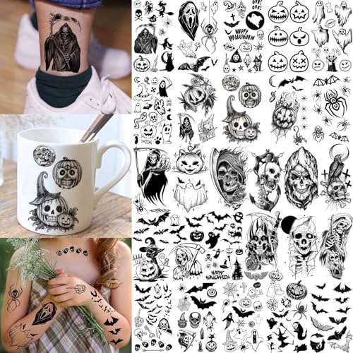 Halloween Temporary Tattoos Skull Design for Kids & Adults - 52 Sheets, Waterproof, 3D Face & Body Stickers, Spooky Face Skull Variation
