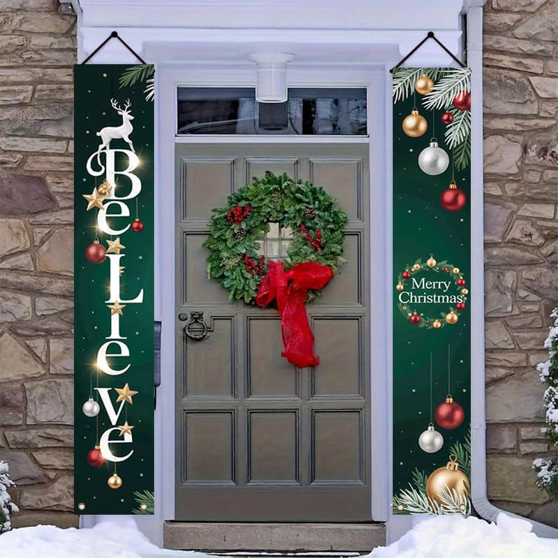 Multicolor 12x71 Inch Christmas Birthday Porch Banner with Pine Branches - Believe