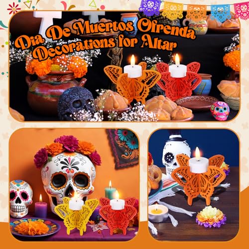 12 Pcs Day of The Dead Butterfly Candle Holders - Wooden Mexican Party Decor