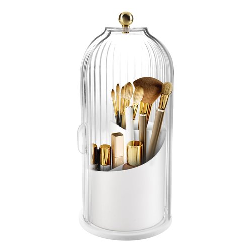 Makeup Brush Holder Organizer, 360 Rotating Makeup Brush Holder, Dustproof Waterproof Material & with 3 Compartments for Organized Storage, Dressing Tables Clear Storage Skincare Cosmetic (White)