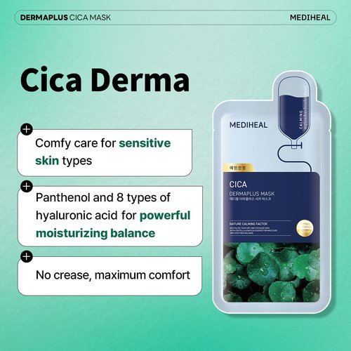 Mediheal Dermaplus Cica Mask (10 Counts) - Daily Vegan Mask for Calming Skin with Panthenol & Hyaluron, Korean Self Skin Care Sheet Mask