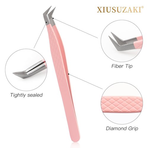 Lash Tweezers For Eyelash Extensions Fiber Tip Lash Tweezers Pink Straight/Curved Tweezer(Pink,X05)