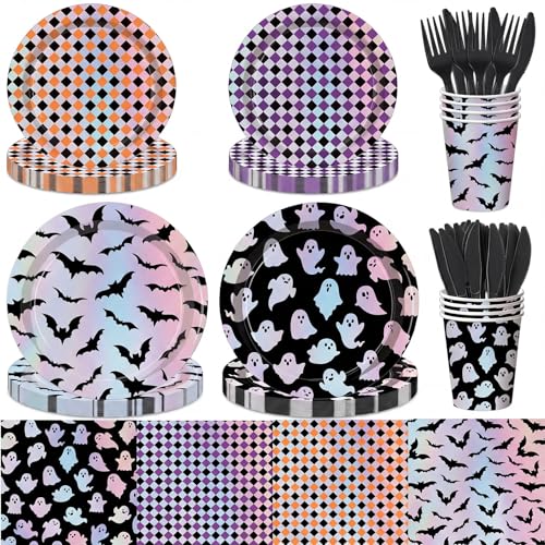 Halloween Paper Plate and Napkin Set with Ghost & Bat Laser Design - 24 Pack