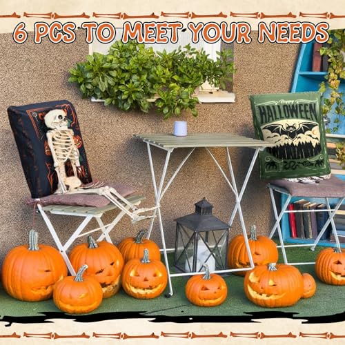 Terrifying Halloween Chair Cover Set - 6 Elastic Backrest Protectors for Dining Chairs - Gothic Skeleton Pumpkin Black Cat Bat Design