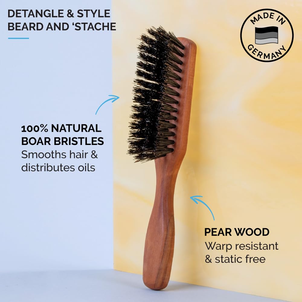 ZEUS Stiff Boar Bristle Beard & Mustache Brush for Men with Extended 6" Handle, Firm Natural Bristles for Styling & Detangling Facial Hair (Made in Germany) A93