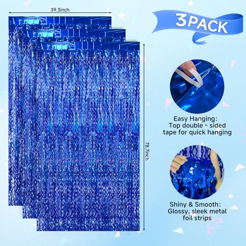 Blue Tinsel Backdrop 3-Pack Foil Fringe Curtains for Party Decorations