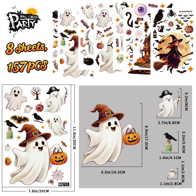 Halloween Window Clings Decor - Ghost Pumpkin Bat Skull Spider Web Decals Set