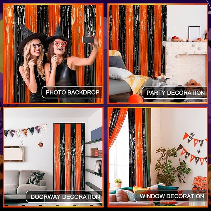 Black and Orange Foil Fringe Curtains for Halloween Party Decor - 2pcs