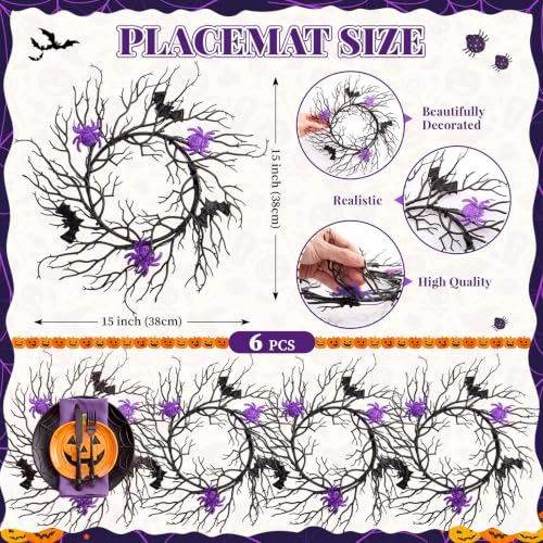 Halloween Placemats Set of 6 - Artificial Round Table Decor, Bare Twig Variation