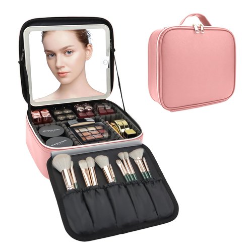 SLUMAZI Travel Makeup Bag with LED Mirror Travel Makeup Organizer with 3 Lighted Settings, Adjustable Dividers and Makeup Brush Storage Bag Pink