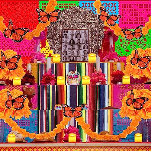 Day of the Dead Decor Set with Marigold Banners Candles and Table Runner