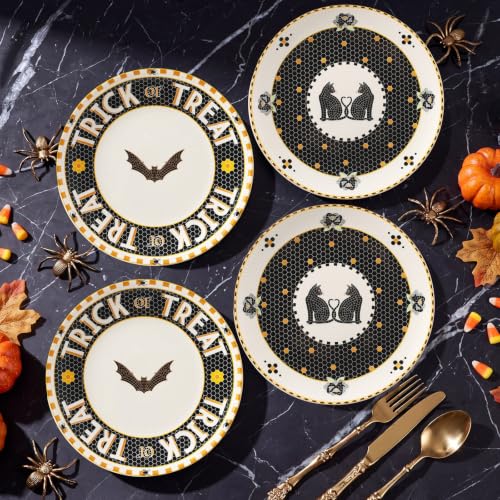 Halloween Ceramic Dessert Plates Set - 4 Pcs Tile Stoneware with 24k Gold Accents