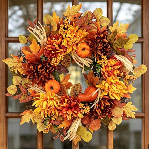 26-Inch Fall Wreath with Dahlia Pumpkin Berries - Golden Maple Variation