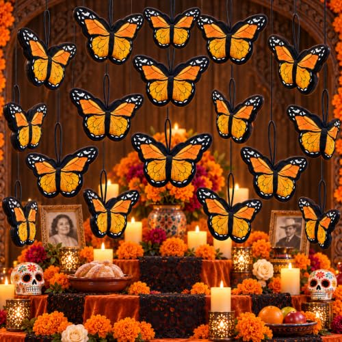 Monarch Butterfly Decorations Set - Day of the Dead Wall & Party Decor, 16 Pieces - Variation of 16 Butterfly