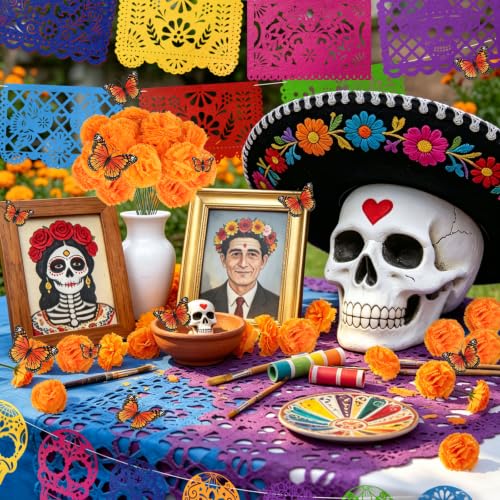 Large Dia De Los Muertos Decorations Set with Marigolds & Butterflies - Stripe