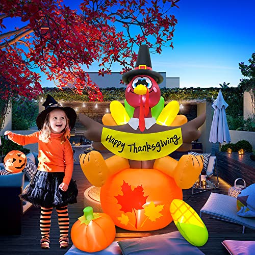 6FT Thanksgiving Inflatable Turkey Sat on Pumpkin with LED Lights - Outdoor Yard Decorations