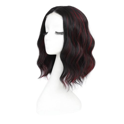 Rushinice Short Wavy Black Mixed Red Wig for Women, Lace Hairline Middle Part Bob Style Heat Resistant Synthetic Wigs Natural Looking for Daily Party 14 Inch