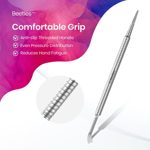 Beetles Pro 1-Pcs Dual-End Nail Pusher & Cuticle Cleaner - 14mm Serrated Edge & 5mm Curved Blade, Ergonomic Anti-Slip Handle, Professional Manicure Tool for Nail Care