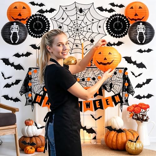 Halloween Indoor Decorations Set - Spooky Banners, Bat Stickers & Lanterns