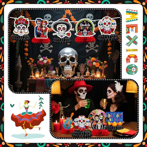 Day of the Dead Decorations - Honeycomb Table Centerpieces with Varying Styles - 8 Pieces