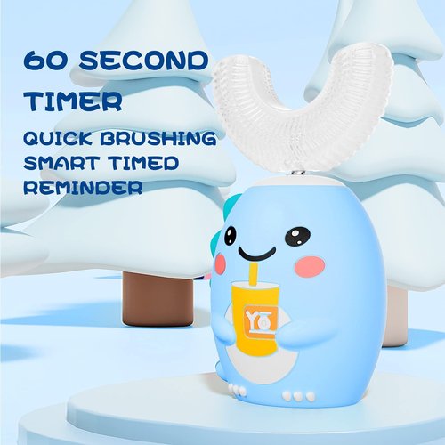 DYCROL Kids U Shaped Electric Toothbrush with 4 Brush Heads, Sonic Toothbrush Kids with 5 Modes, Cartoon Dinosaur 360-Degree Cleaning IPX7 Waterproof Design (6-12 Age (Blue))