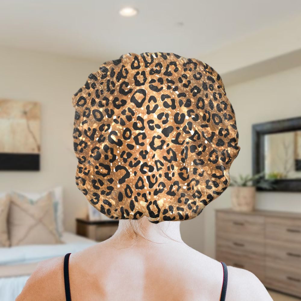 WIRESTER Set of 2 Satin Hair Bonnet for Sleeping, Fashion Sleep Cap, Silk Bonnet with Elastic Soft Band for Women Girls - Black Pink Leopard, Gold Sparkle Black Yellow Glitter Leopard