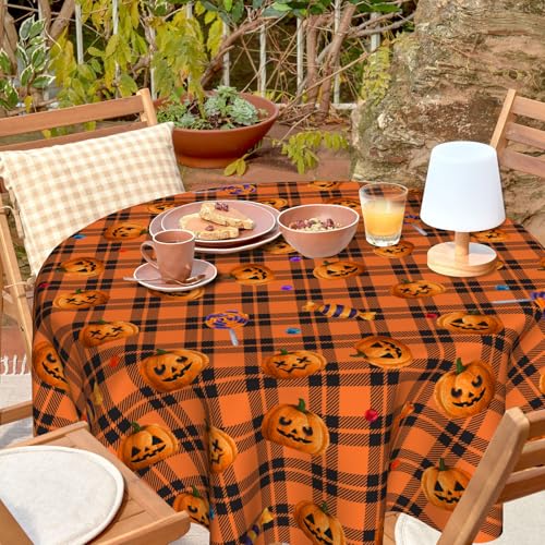 Halloween Pumpkin Lollipop Circular Tablecloth - 60 Inch Orange Buffalo Plaid Fall Decor