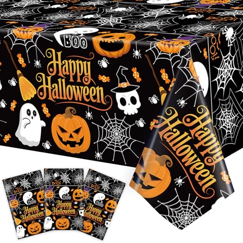 Black Halloween Tablecloth 3 Pack 54x108 Inches Disposable Plastic Cover with Pumpkin Ghost Designs