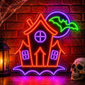 Halloween Neon Sign - Haunted House with Bats LED Wall Light, Dimmable USB Decor