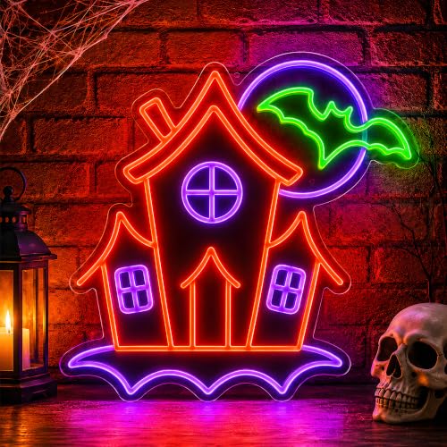 Halloween Neon Sign - Haunted House with Bats LED Wall Light, Dimmable USB Decor