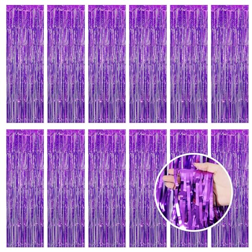 Purple Fringe Curtain Party Streamers - 12 Pack 3.3ft x 8.2ft Foil Backdrop for Birthday Wedding Baby Shower & Disco Party - Variation: Purple