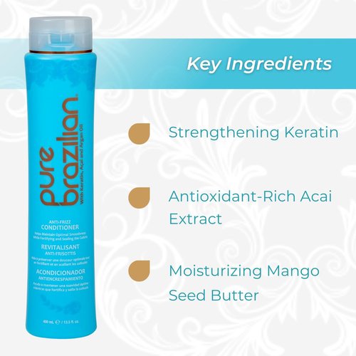 Pure Brazilian Anti-Frizz Conditioner - Keratin & Acai Formula for Smoother, Shinier Hair | 13.5 Oz