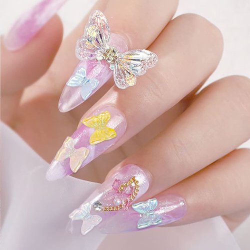 OIIKI 300pcs Cute 3D Butterfly Nail Charm, Glitter Charm for Nails Art, Resin Art Decorations Ornaments Gems for Acrylic DIY Craft Design Manicure Accessories
