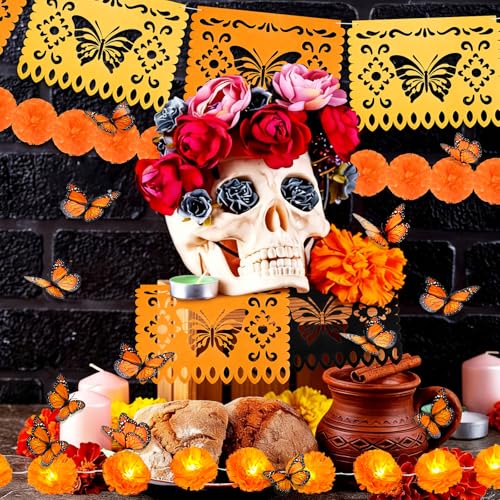 Day of the Dead Decorations Set with LED Marigolds & Butterflies - Fiesta Party Supplies