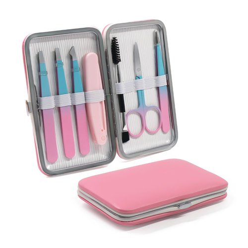 Fangze Eyebrow Tweezers Set for Women - 7 Pcs Professional Eyebrow Grooming Kit Stainless Steel Eyebrow Trim Kit with Curved Scissors for Ingrown Hair (Pink)