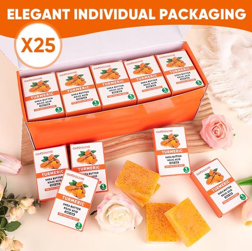 OAKDOLCHE 25P Turmeric Kojic Acid Soap Gift Set, Individually Wrapped (80g) | Infused with Retinol, Collagen & Vitamin E, SLS Free Gentle Care for Face/Body, Suitable for Party & Holiday Gifting