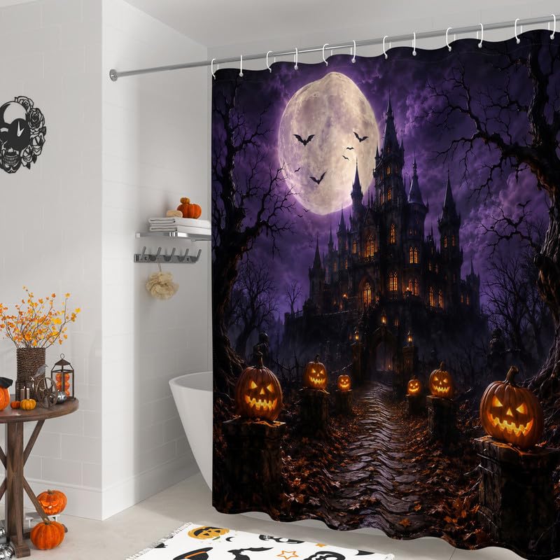 Violet Halloween Castle Shower Curtain with 12 Hooks - 72x72 Inches