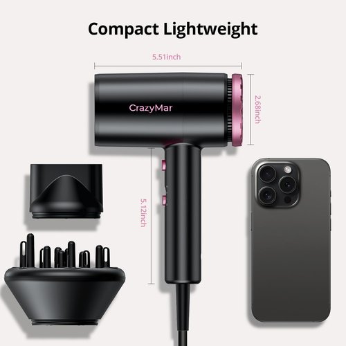 Hair Dryer, 1800W Ionic Hair Dryer with Smart Mode (Baby/Men/Women), High Speed Brushless Motor for Fast Drying (2-5 Mins), Blow Dryer with Diffuser, Lightweight for Home & Travel(Pink)(Black Pink)