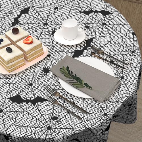 Halloween Bat Tablecloth 60 Inch Round Spider Web Design Washable & Stain-Resistant