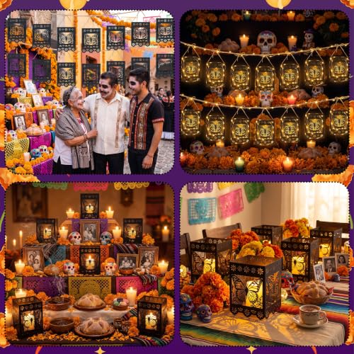 Dia De Los Muertos Paper Lantern Set - 20 Black Papel Picado Decor with Monarch Butterfly Motifs