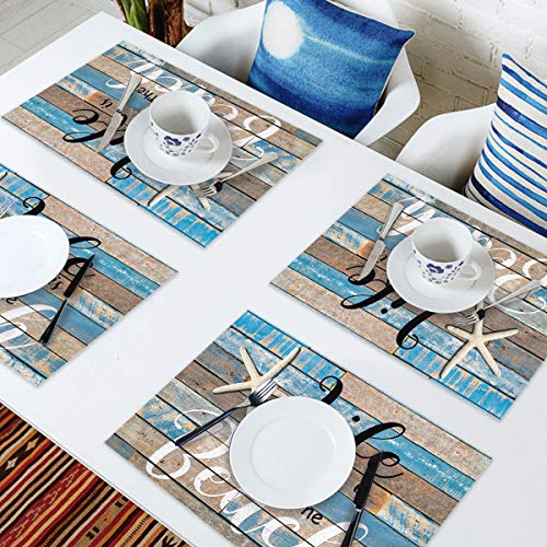 Non-Slip Placemats for Dining Table Set of 4 - Beach Starfish Rustic Wood Grain