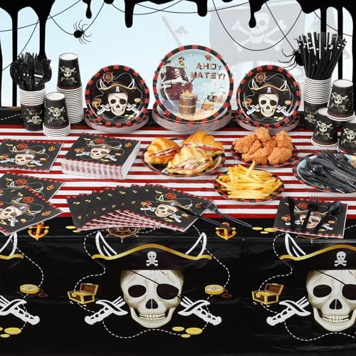 Pirate Party Plates Napkins Cups Cutlery Set for 50 Guests - Red Black Variation