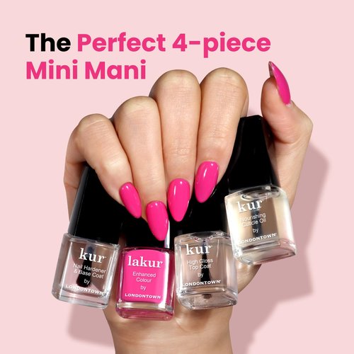 LONDONTOWN Mini Mani Kit - At Home Manicure Nail Care Set with Nail Hardener & Base Coat, Summer Fling lakur (Bright Pink Polish), High Gloss Top Coat, and Nourishing Cuticle Oil - .24fl oz