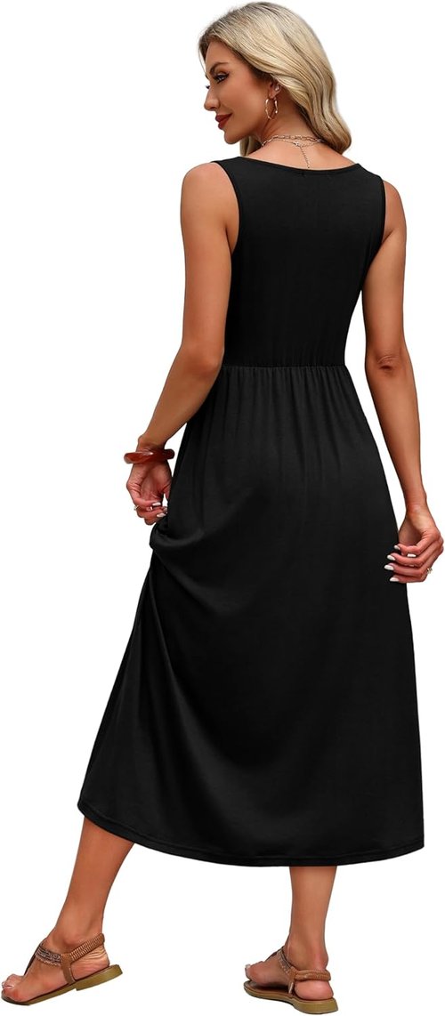 OFEEFAN Summer Dresses for Women - Flowy Casual Midi Dress with Pockets | V-Neck Beach Vacation Style