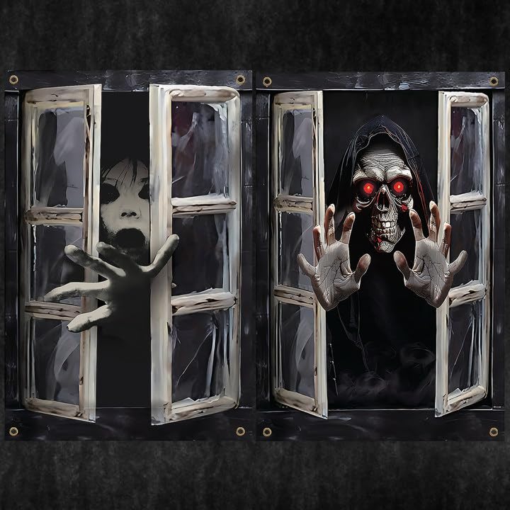 Halloween Window Cover Poster Ghost & Skull - Spooky Ghost Curtain Decoration - 2 Pack
